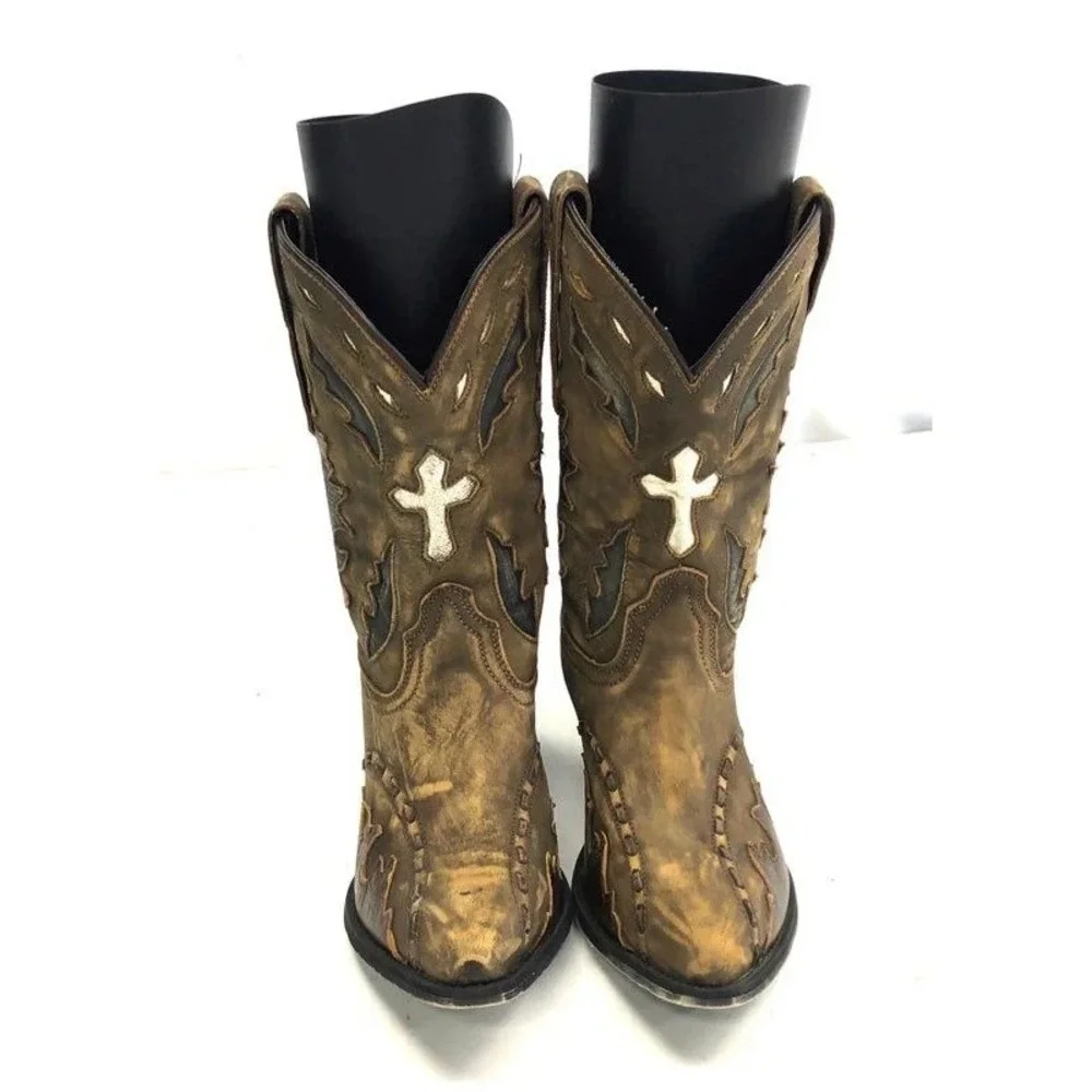Dan Post DPC‑3121 Distressed Brown Embroidered Cross Inlay Western Boots 4.5Y